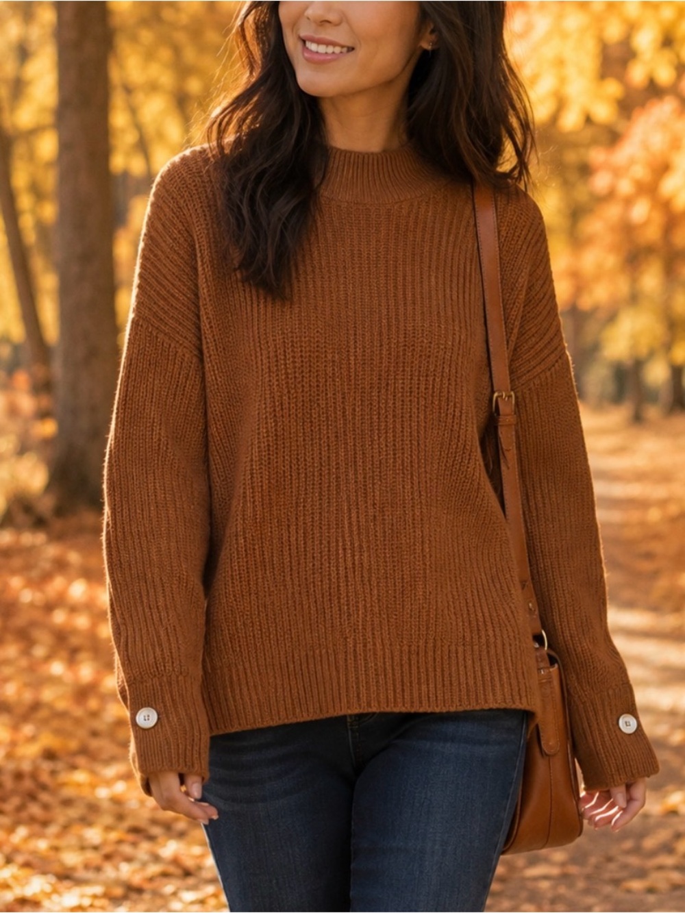Cozy Crewneck Rib Knit Sweater in Chestnut Brown, Size S, Excellent Condition